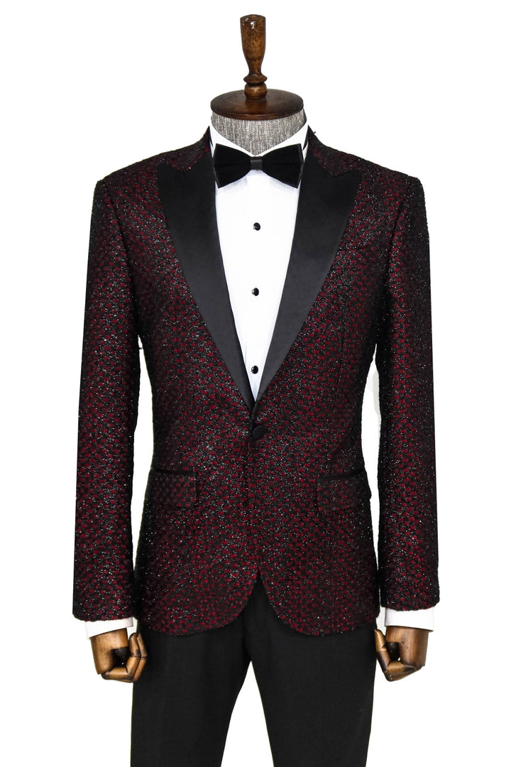 WSS Gingham Patterned Glittery Burgundy Men Prom Blazer  - Singen