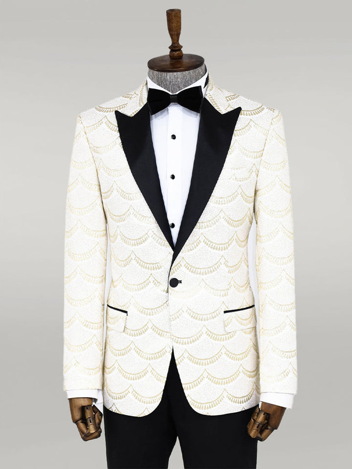 WSS Patterned Slim Fit White Men Prom Blazer  - Singen