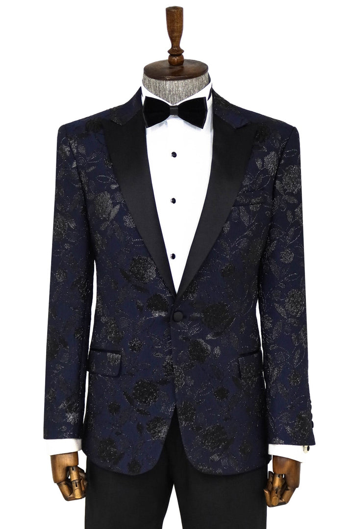 WSS Floral Patterned Navy Blue Men Prom Blazer  - Singen