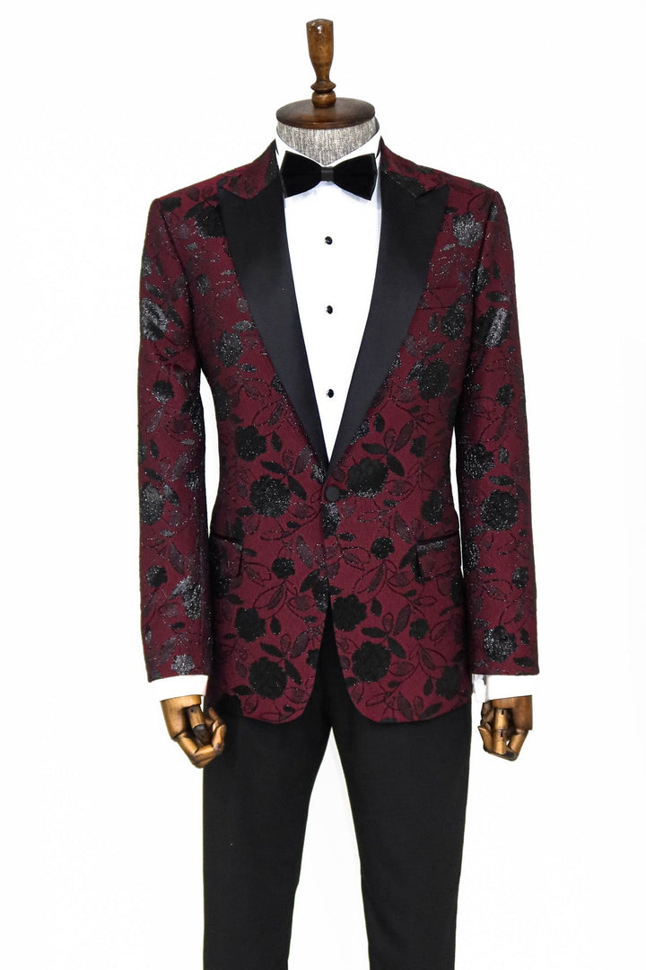 WSS Floral Patterned Burgundy Men Prom Blazer  - Singen