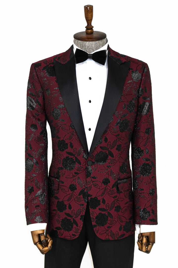 WSS Floral Patterned Burgundy Men Prom Blazer  - Singen