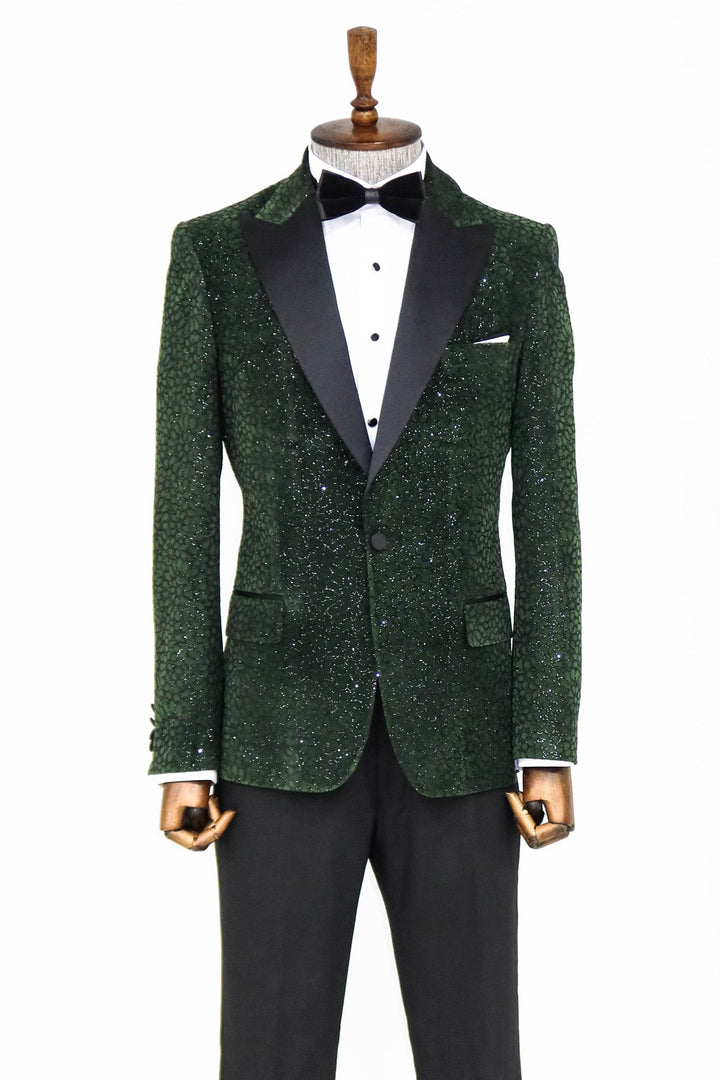 WSS Glitter Floral Patterned Dark Green Men Prom Blazer  - Singen