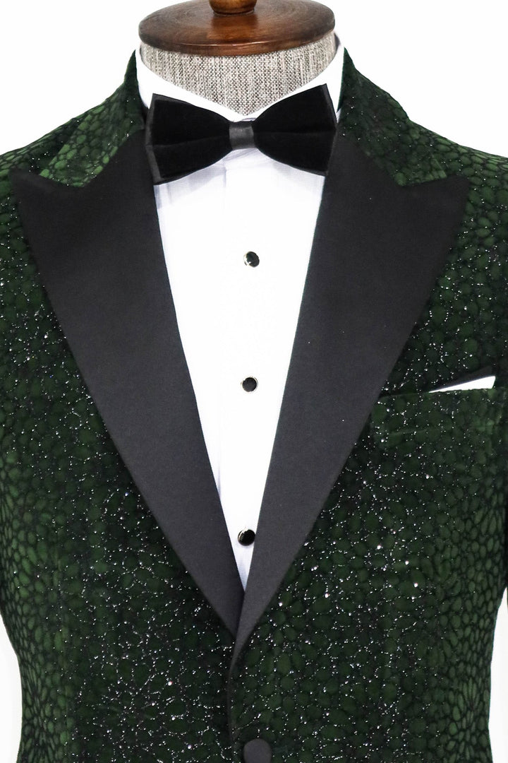 WSS Glitter Floral Patterned Dark Green Men Prom Blazer  - Singen