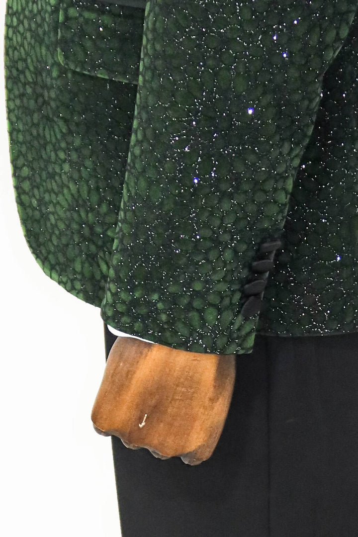 WSS Glitter Floral Patterned Dark Green Men Prom Blazer  - Singen