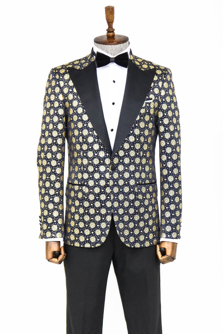 WSS Floral Patterned Peak Lapel Navy Blue Men Prom Blazer  - Singen