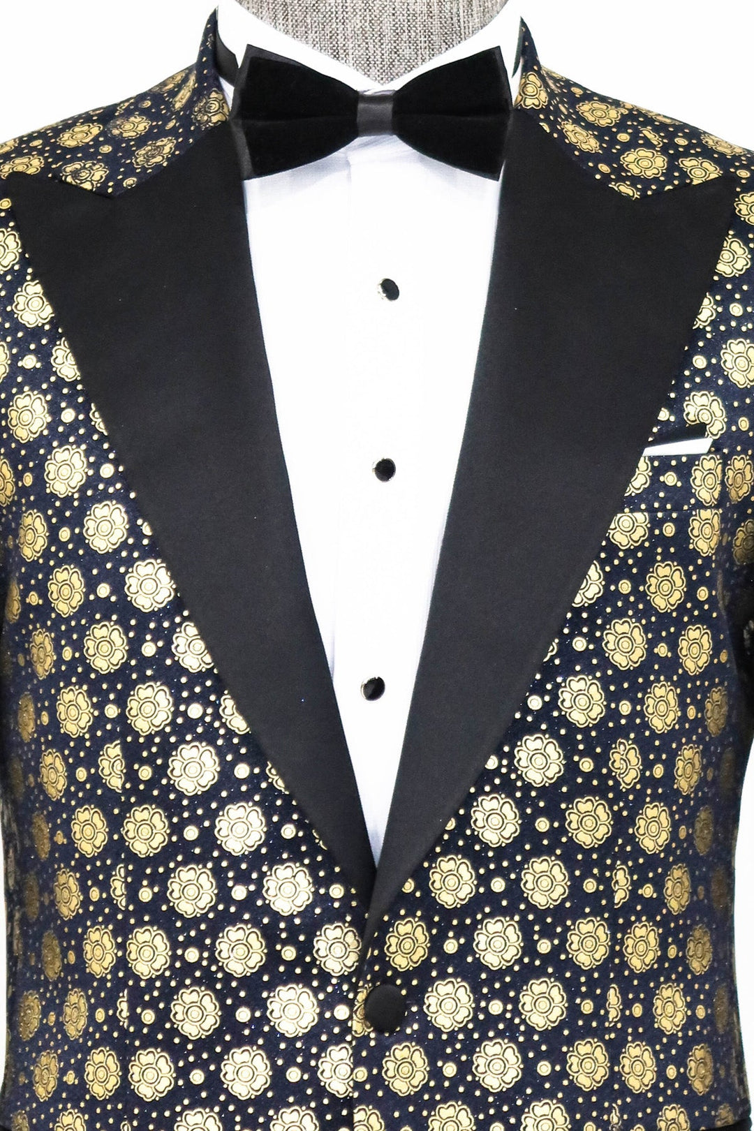 WSS Floral Patterned Peak Lapel Navy Blue Men Prom Blazer  - Singen