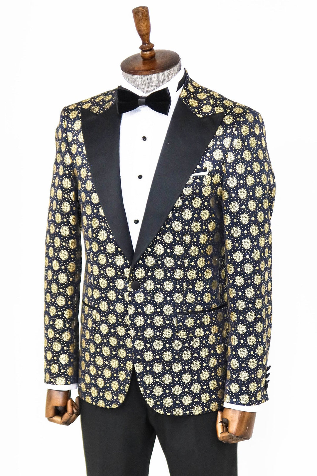 WSS Floral Patterned Peak Lapel Navy Blue Men Prom Blazer  - Singen