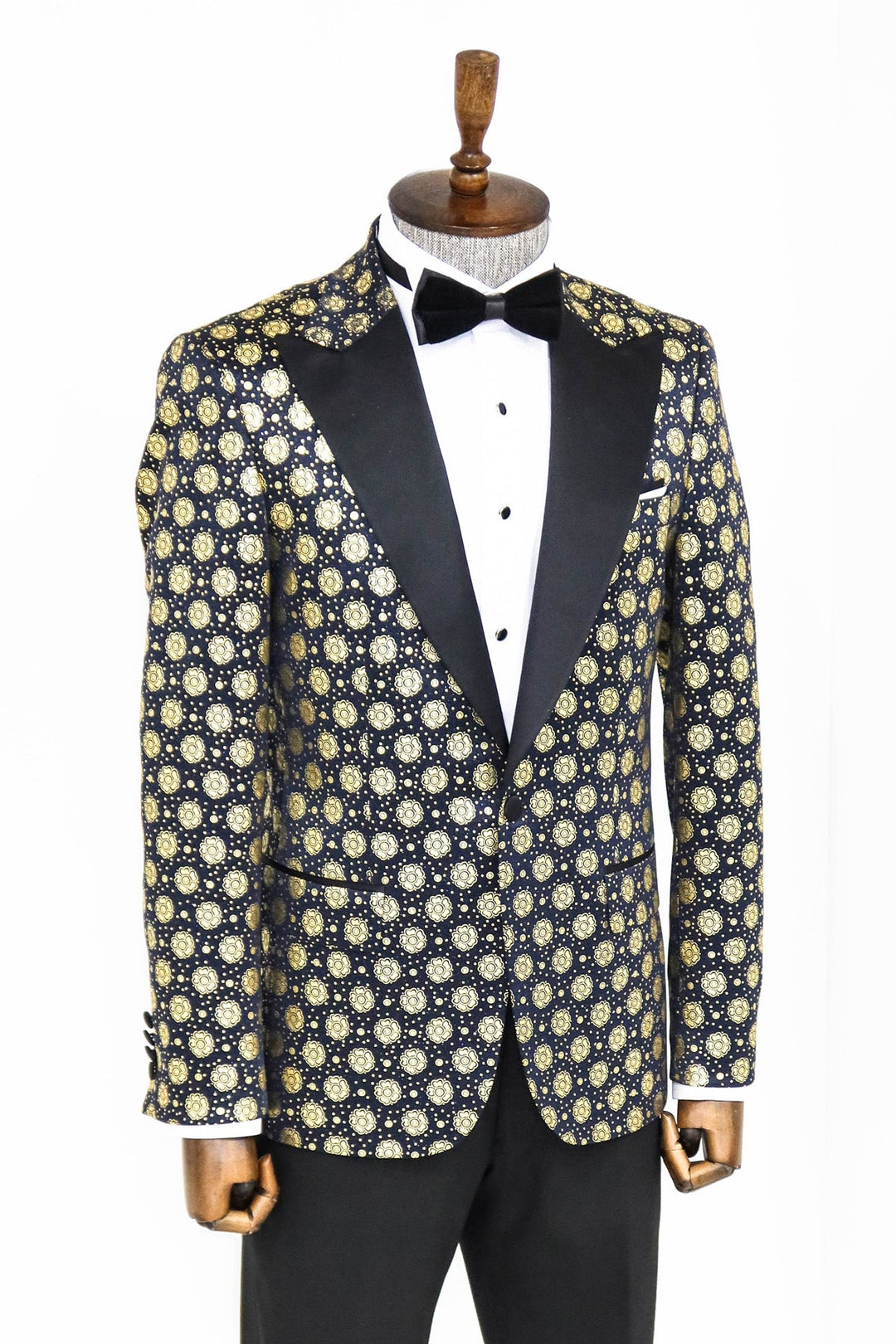 WSS Floral Patterned Peak Lapel Navy Blue Men Prom Blazer  - Singen