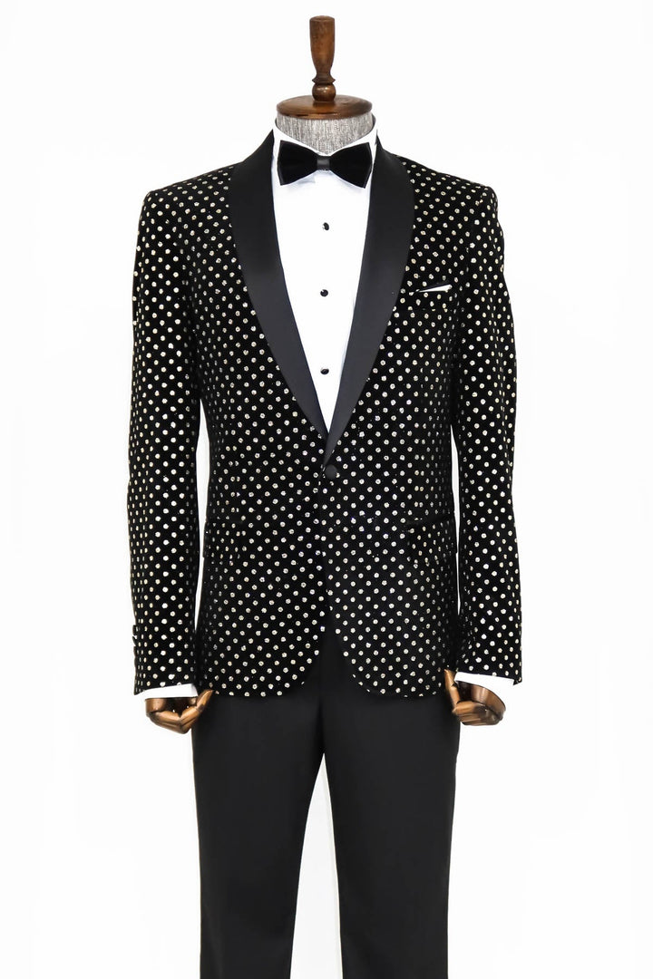 WSS Dot Patterned Slim Fit Black Men Prom Blazer  - Singen