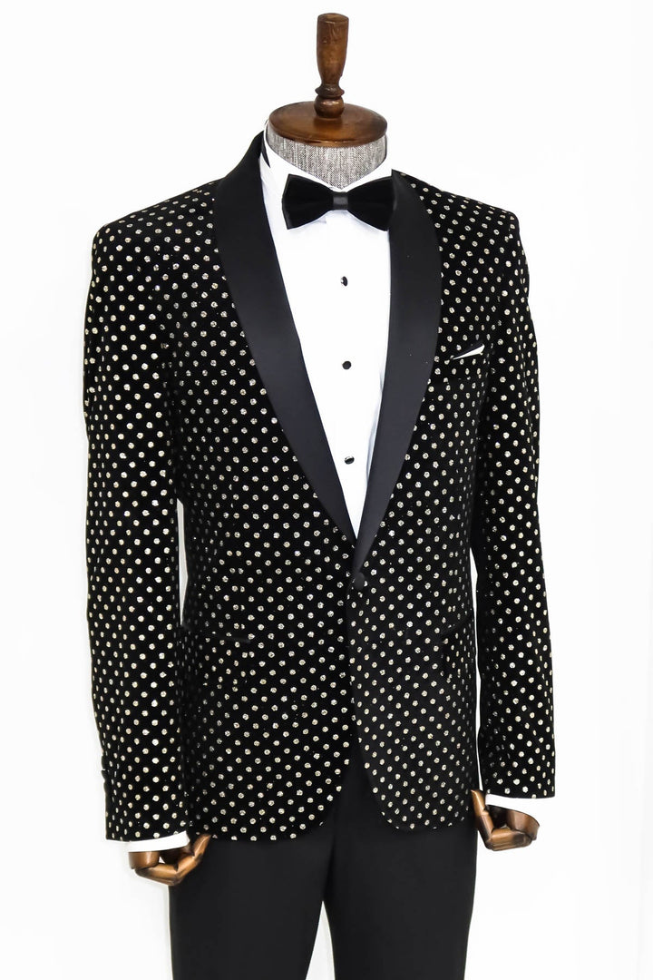 WSS Dot Patterned Slim Fit Black Men Prom Blazer  - Singen