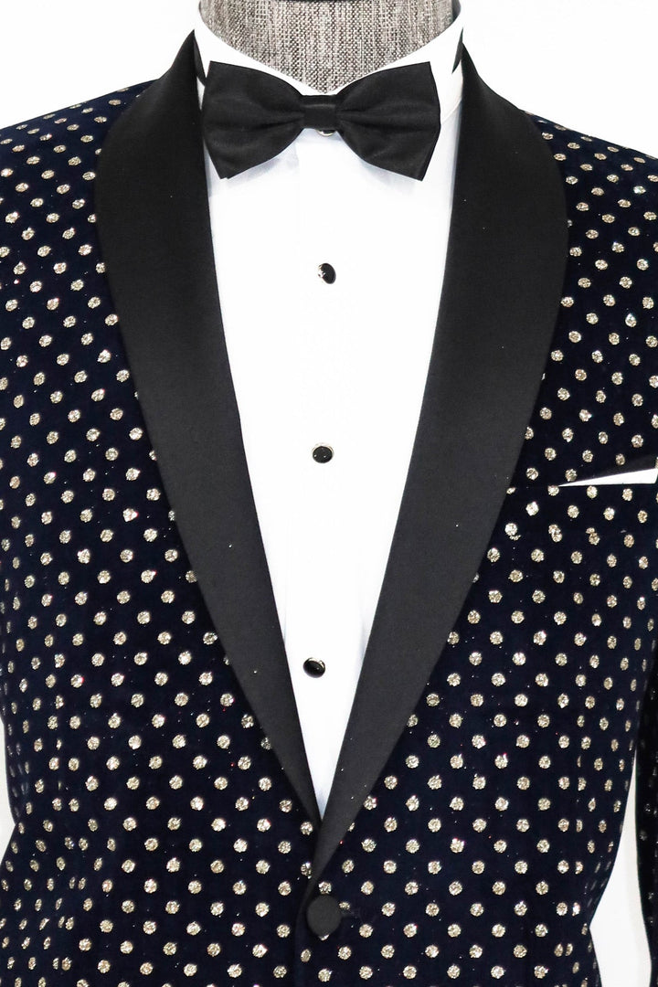 WSS Dot Patterned Slim Fit Navy Blue Men Prom Blazer  - Singen