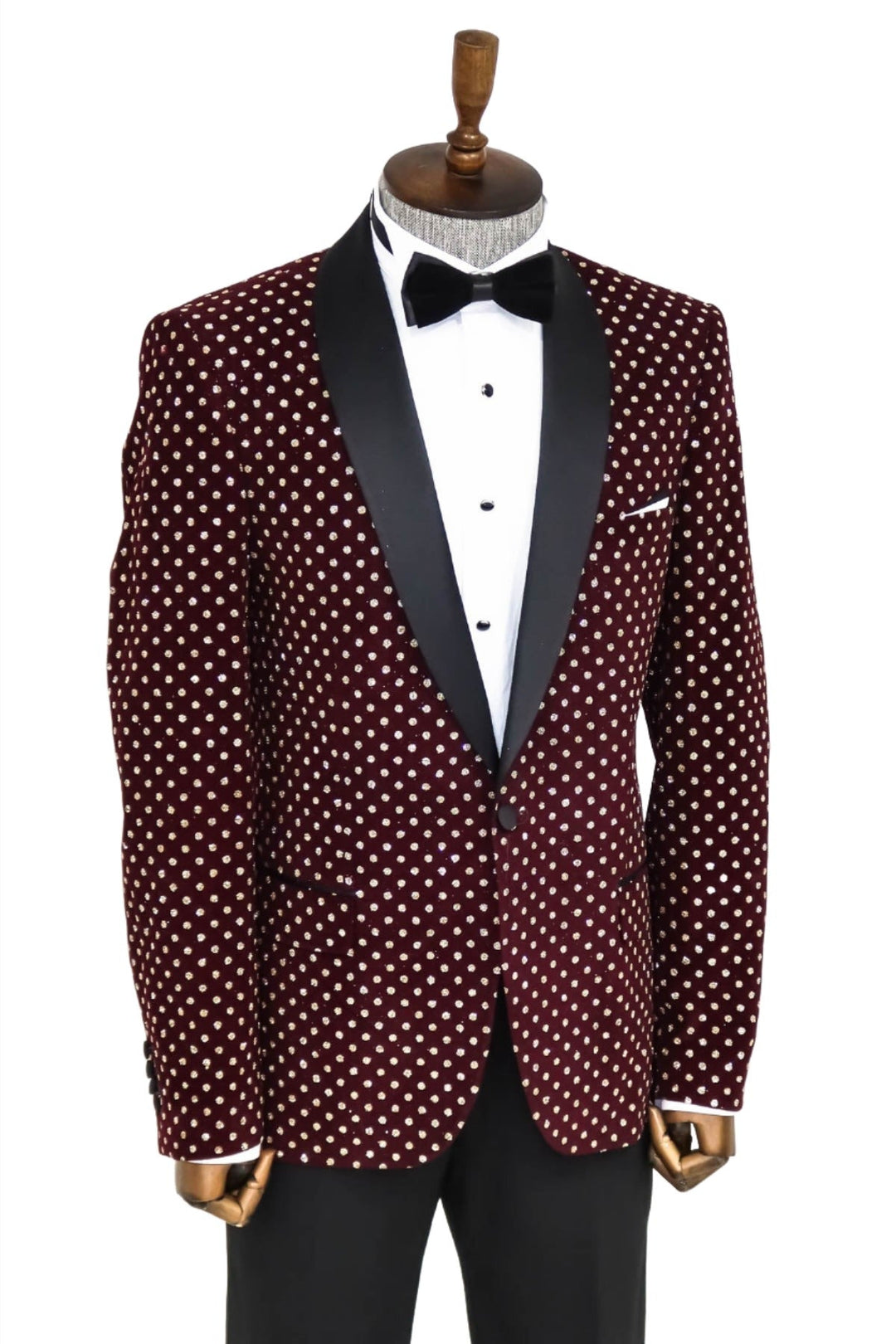 WSS Dot Patterned Slim Fit Burgundy Men Prom Blazer  - Singen