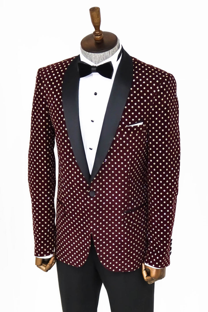 WSS Dot Patterned Slim Fit Burgundy Men Prom Blazer  - Singen