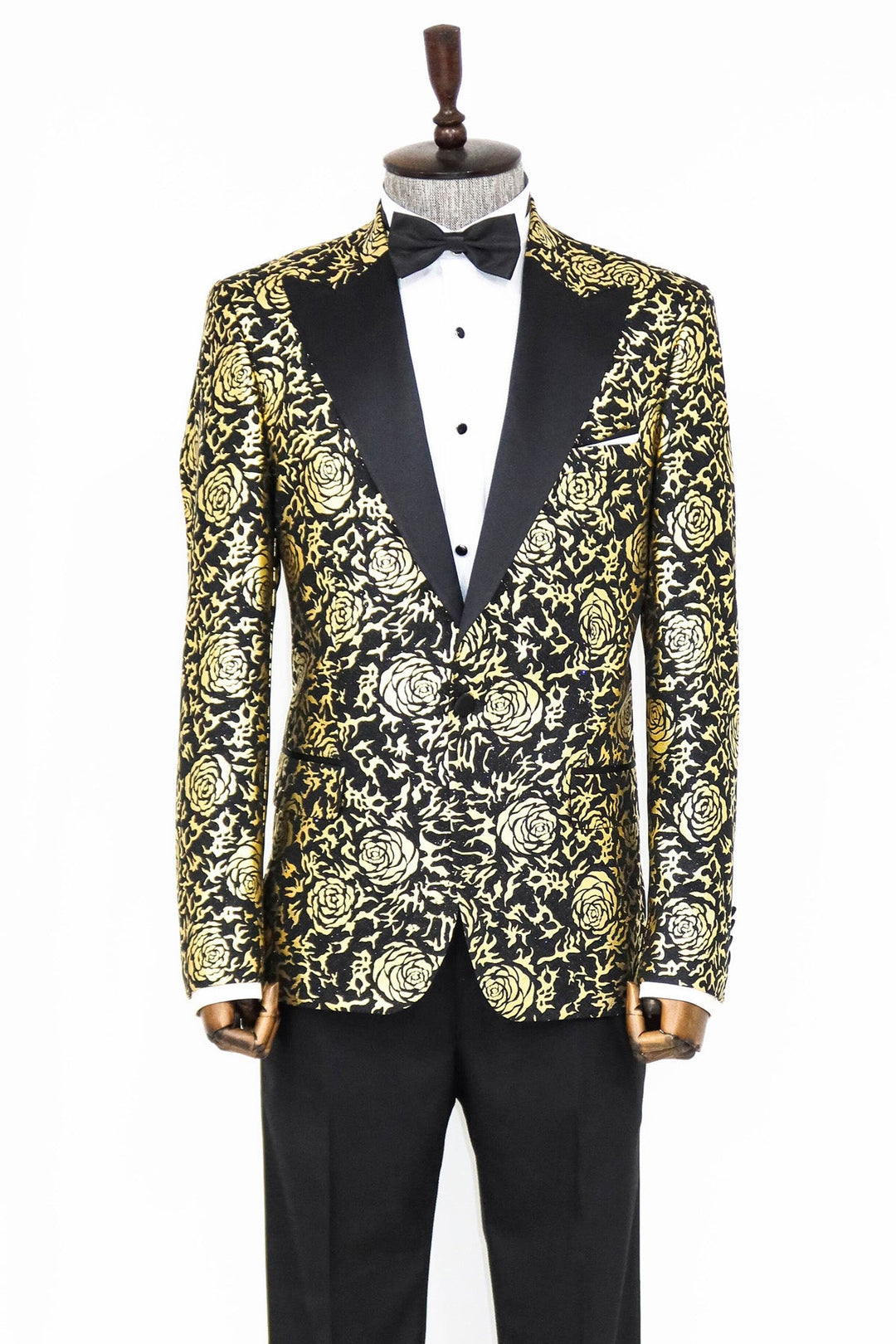 WSS Gold Rose Patterned Slim Fit Black Men Prom Blazer  - Singen