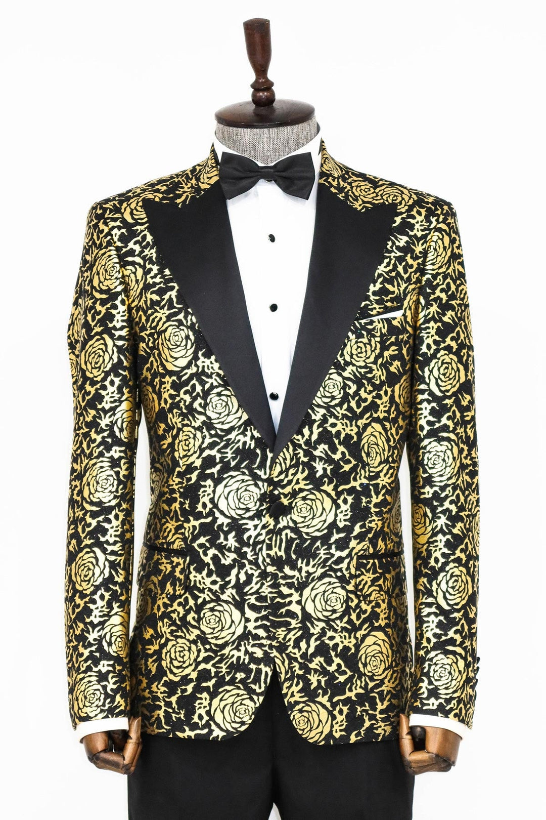 WSS Gold Rose Patterned Slim Fit Black Men Prom Blazer  - Singen