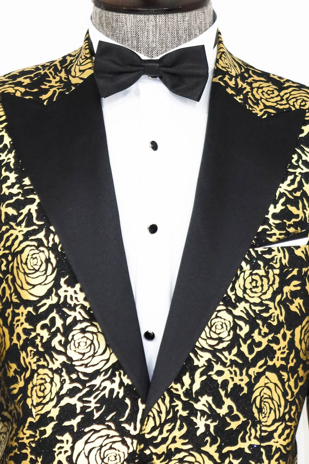 WSS Gold Rose Patterned Slim Fit Black Men Prom Blazer  - Singen