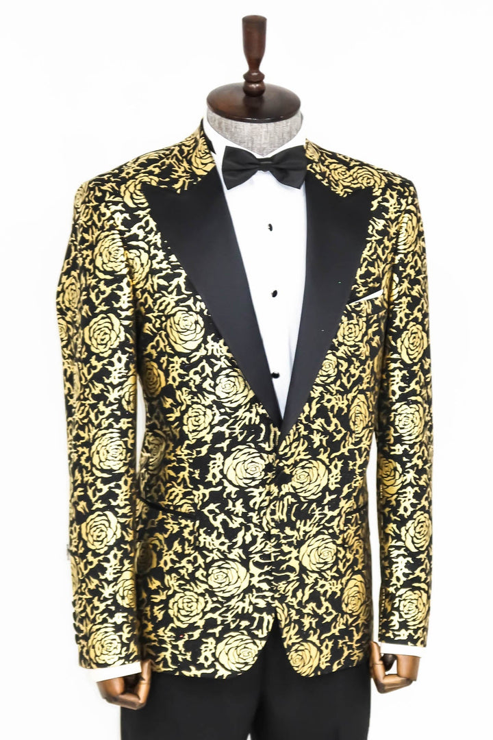 WSS Gold Rose Patterned Slim Fit Black Men Prom Blazer  - Singen