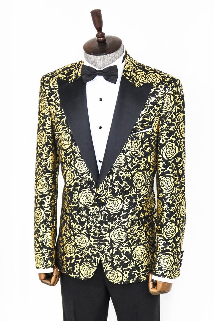 WSS Gold Rose Patterned Slim Fit Black Men Prom Blazer  - Singen