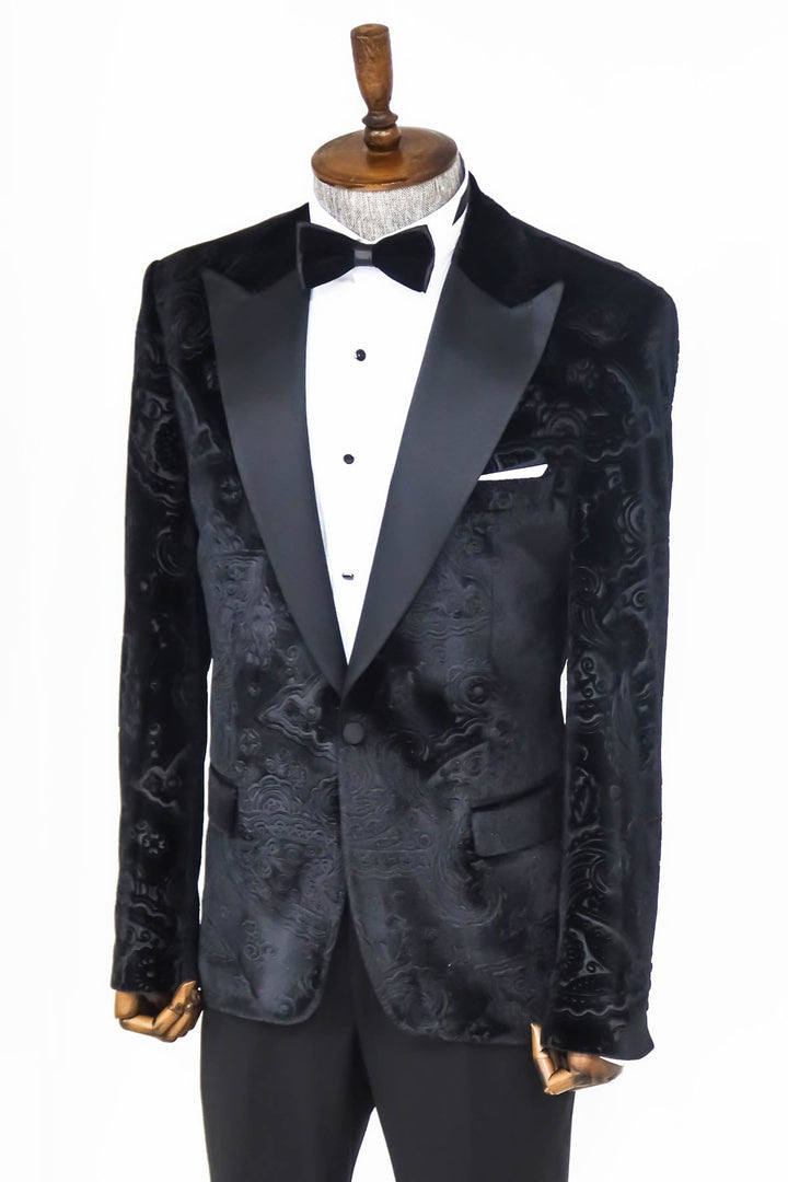 WSS Floral Patterned Velvet Black Men Prom Blazer  - Singen