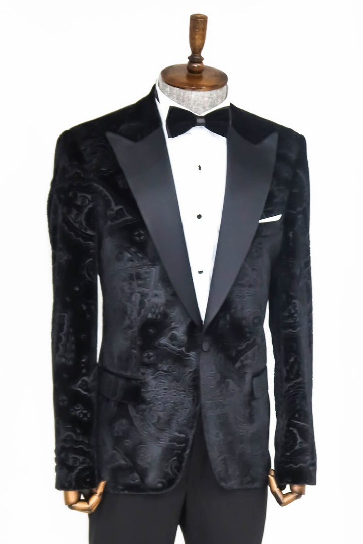 WSS Floral Patterned Velvet Black Men Prom Blazer  - Singen