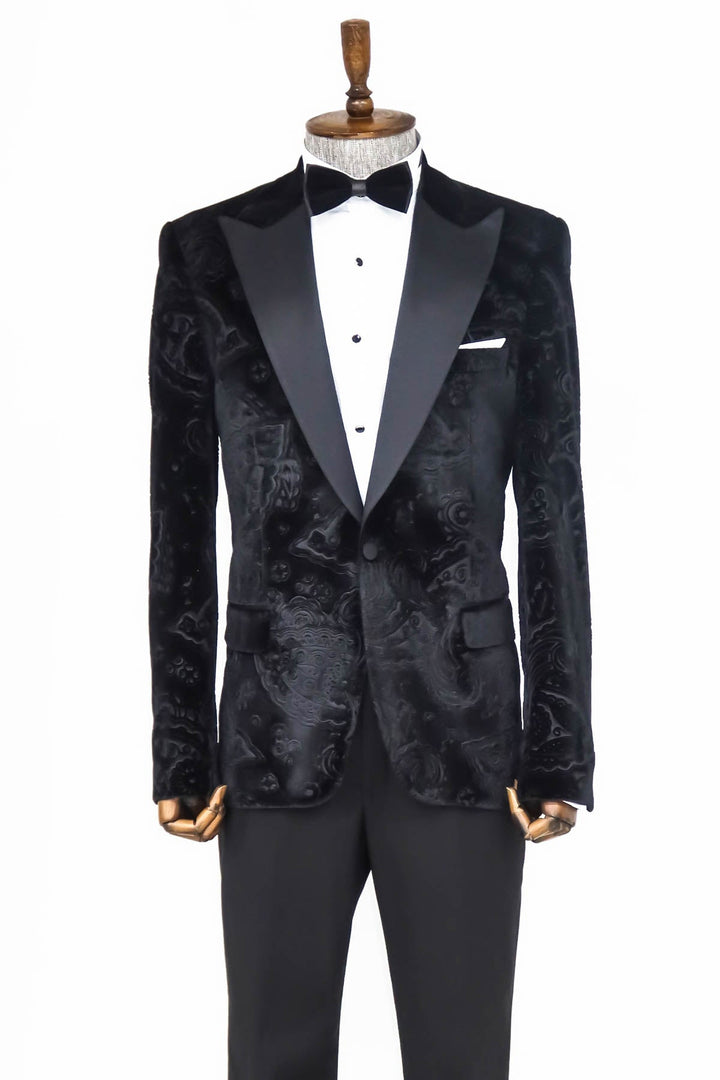 WSS Floral Patterned Velvet Black Men Prom Blazer  - Singen