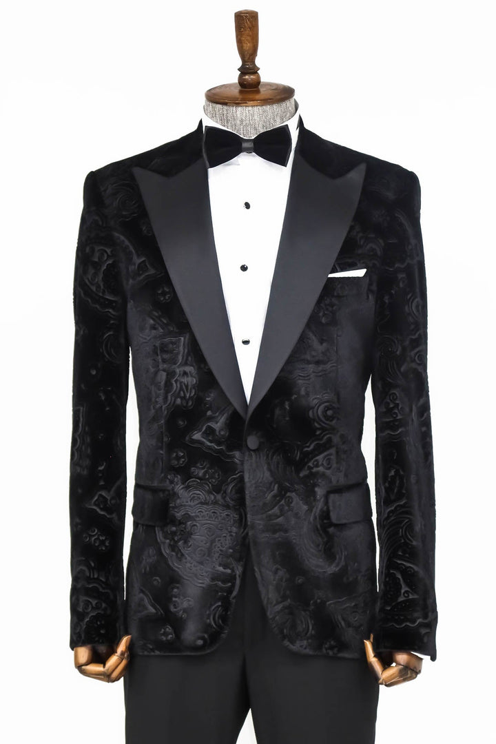 WSS Floral Patterned Velvet Black Men Prom Blazer  - Singen