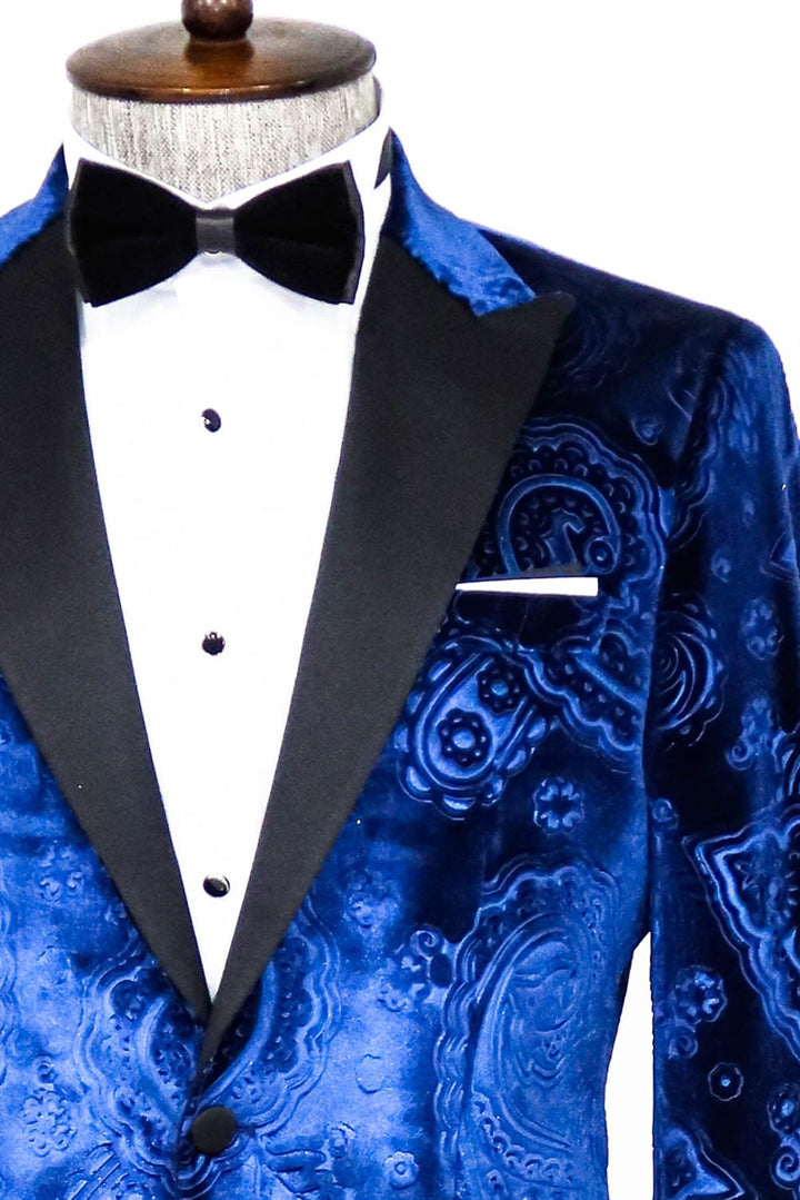 WSS Floral Patterned Velvet Navy Blue Men Prom Blazer  - Singen