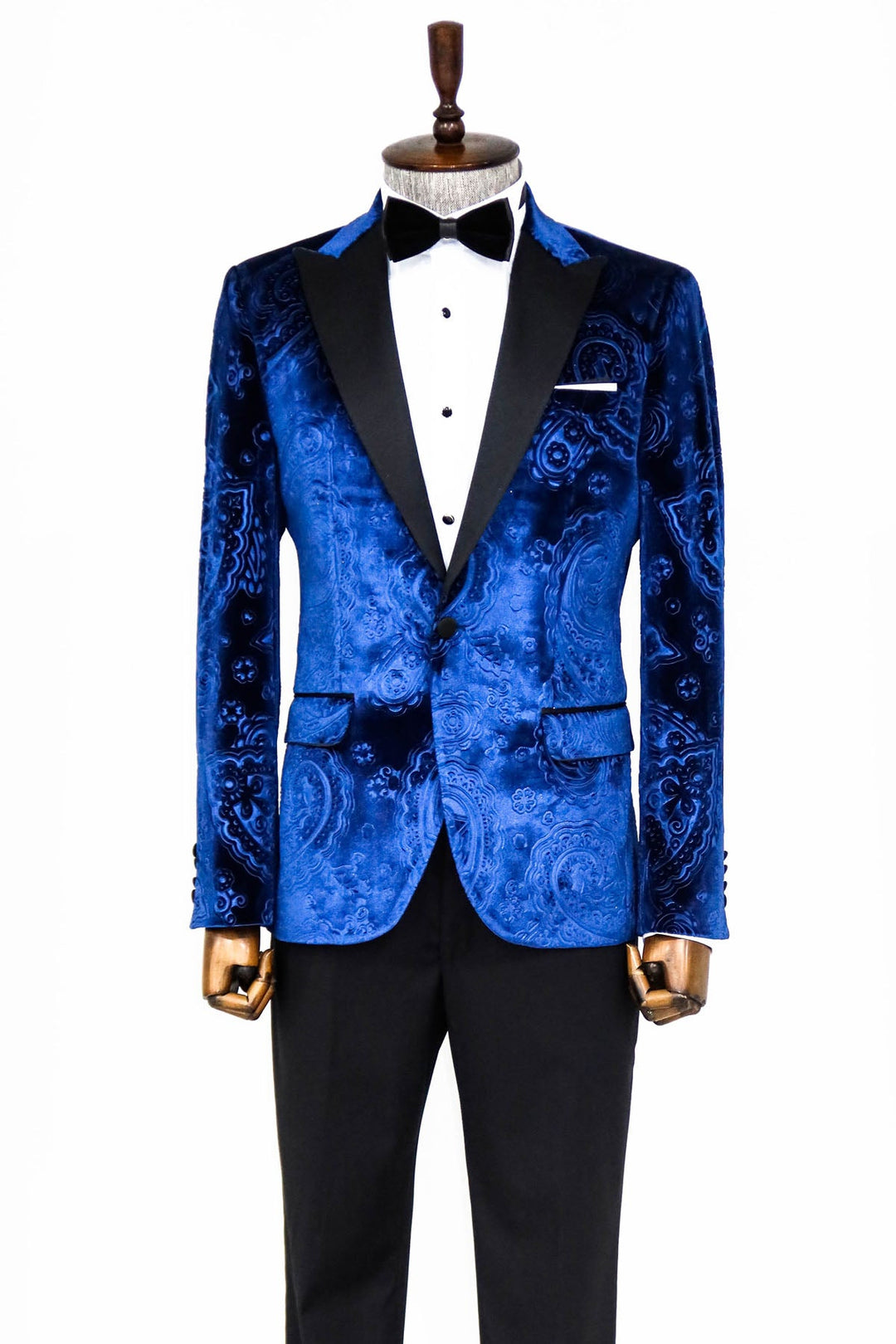 WSS Floral Patterned Velvet Navy Blue Men Prom Blazer  - Singen