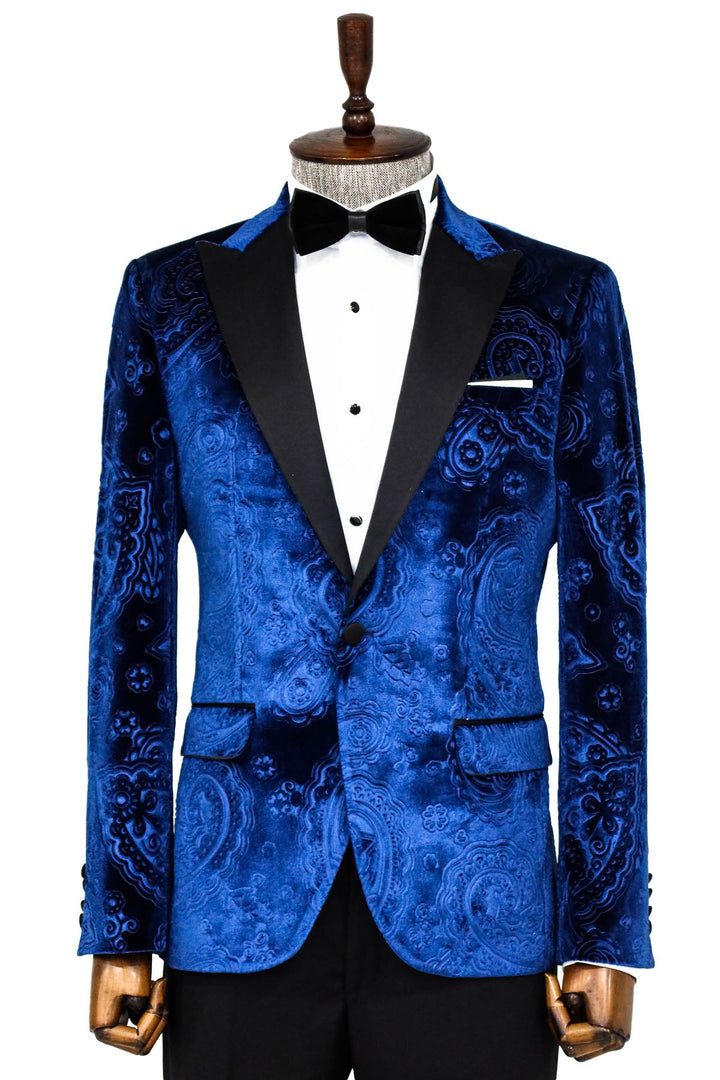 WSS Floral Patterned Velvet Navy Blue Men Prom Blazer  - Singen