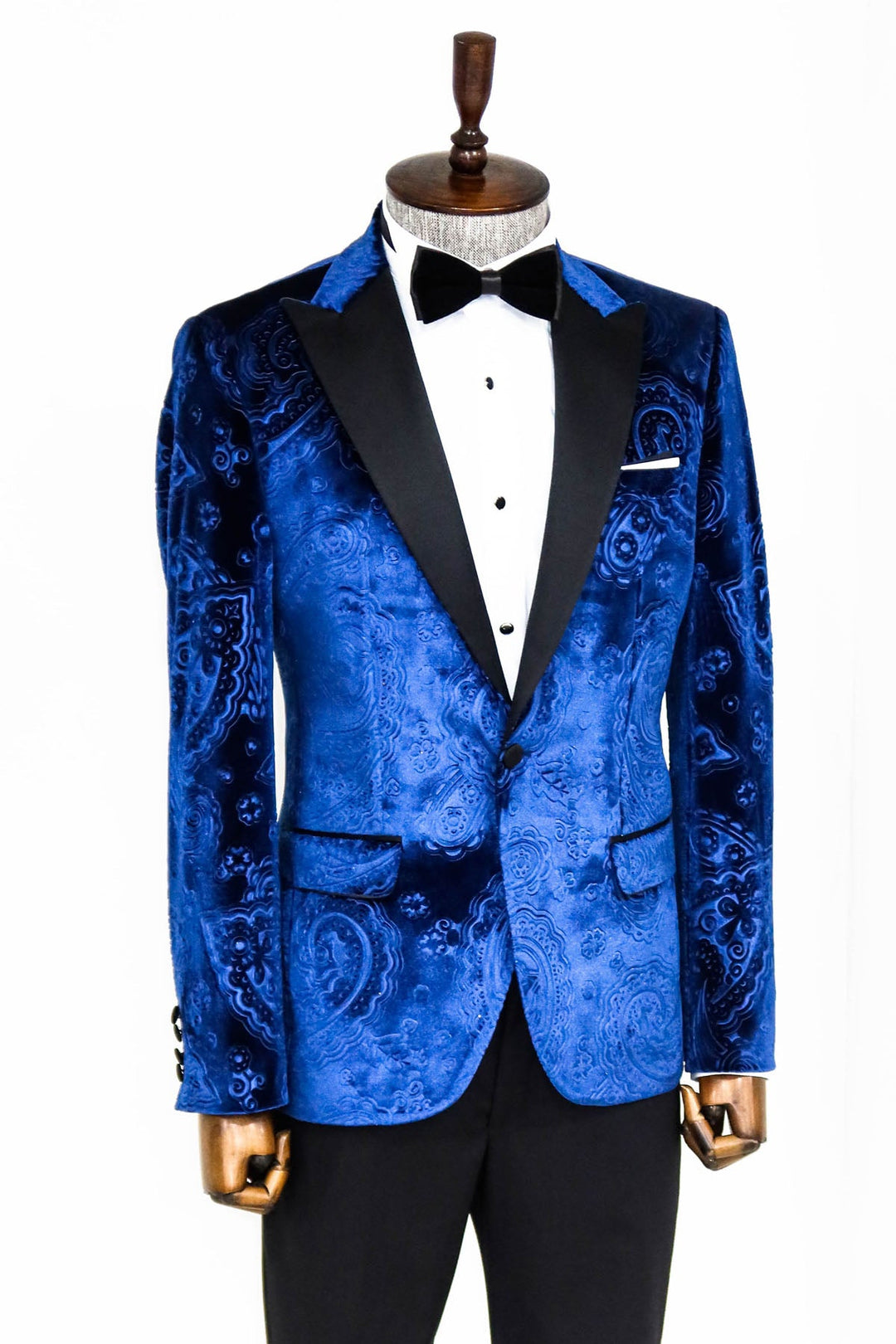 WSS Floral Patterned Velvet Navy Blue Men Prom Blazer  - Singen