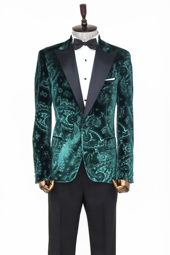 WSS Floral Patterned Velvet Green Men Prom Blazer  - Singen