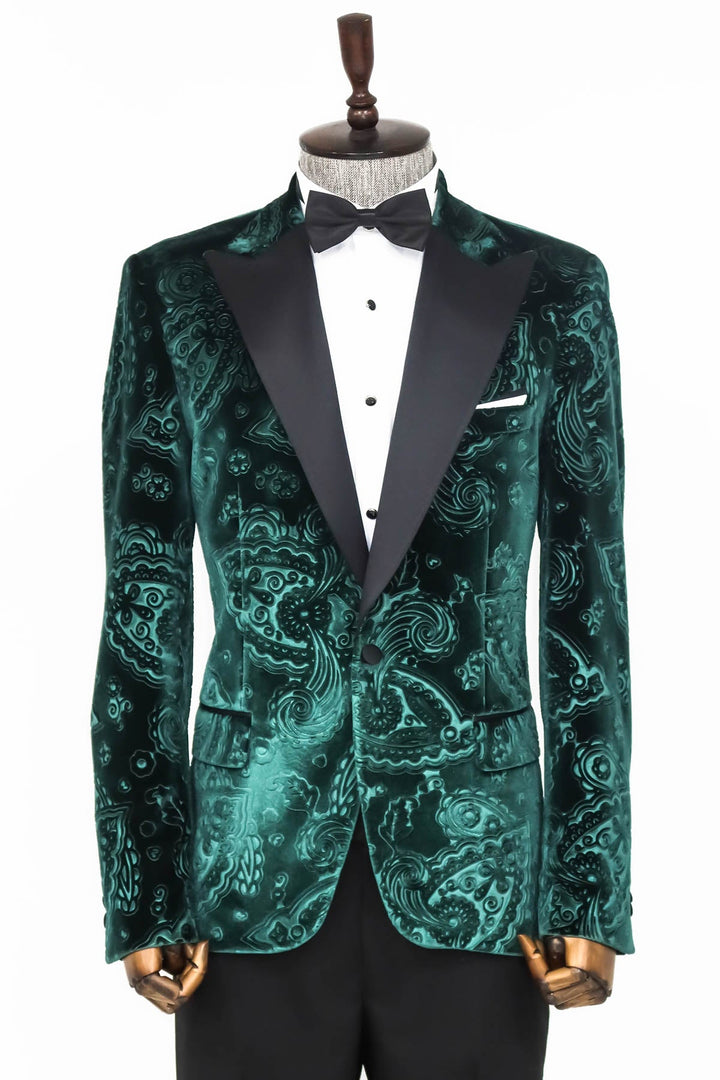 WSS Floral Patterned Velvet Green Men Prom Blazer  - Singen