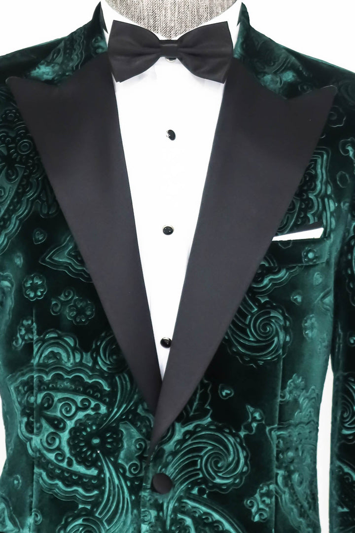 WSS Floral Patterned Velvet Green Men Prom Blazer  - Singen