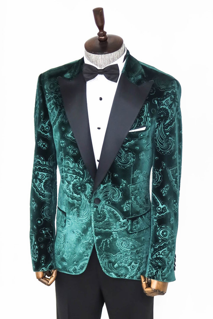 WSS Floral Patterned Velvet Green Men Prom Blazer  - Singen