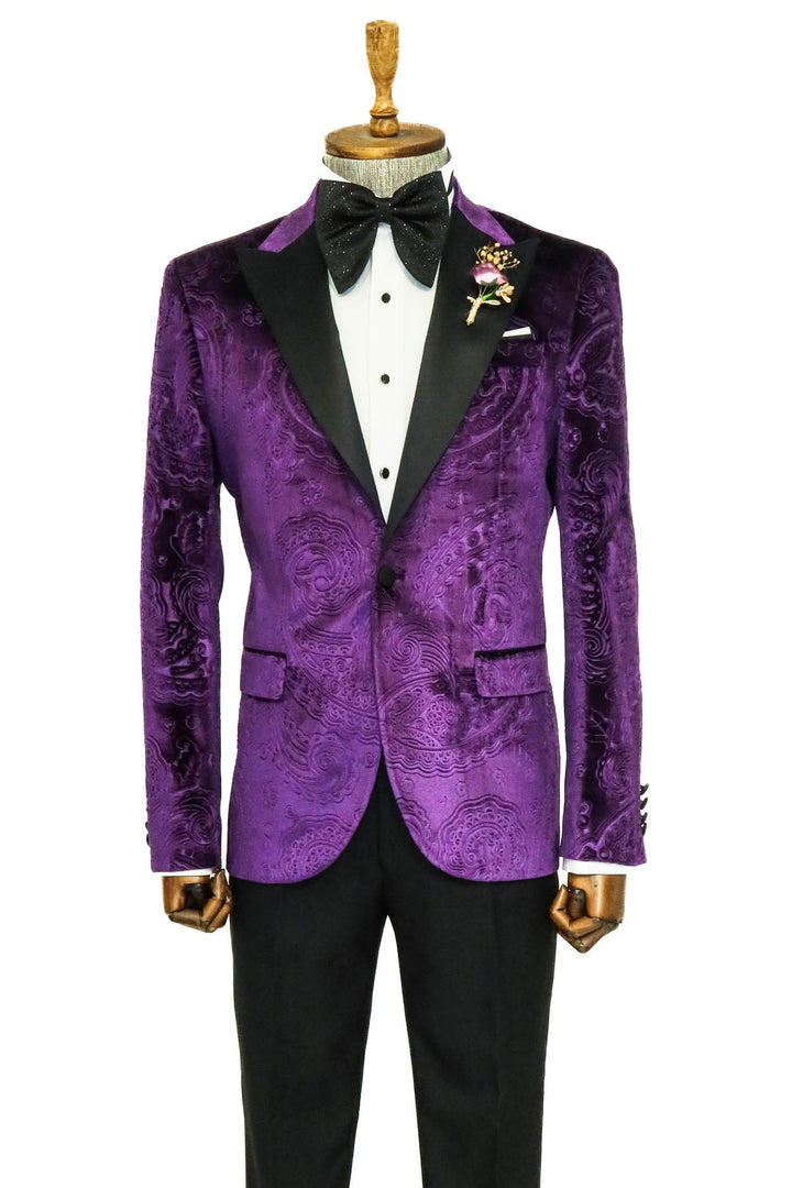 WSS Floral Patterned Velvet Purple Men Prom Blazer  - Singen