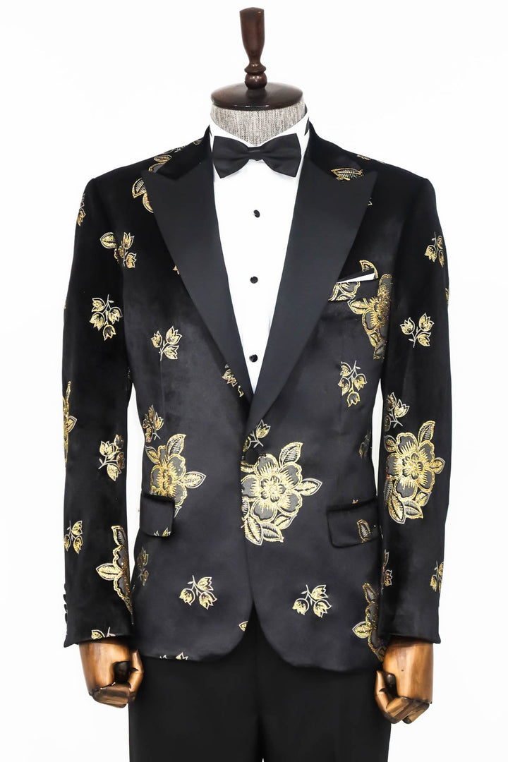 WSS Gold Floral Patterned Shiny Black Men Prom Blazer  - Singen