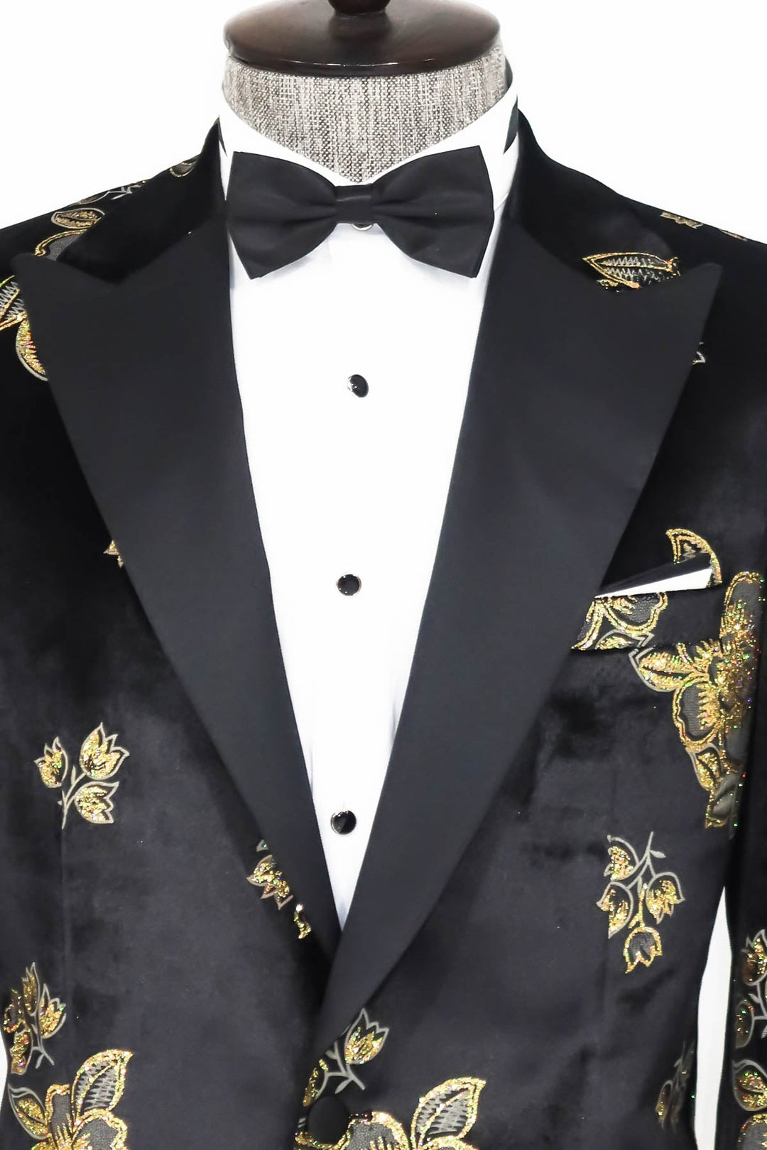 WSS Gold Floral Patterned Shiny Black Men Prom Blazer  - Singen