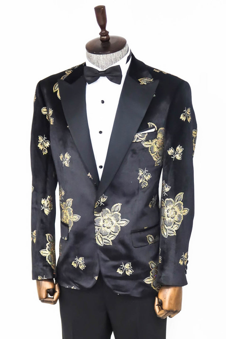 WSS Gold Floral Patterned Shiny Black Men Prom Blazer  - Singen