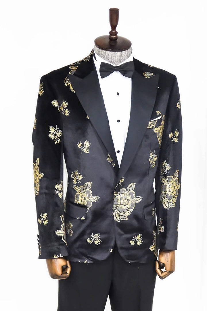 WSS Gold Floral Patterned Shiny Black Men Prom Blazer  - Singen