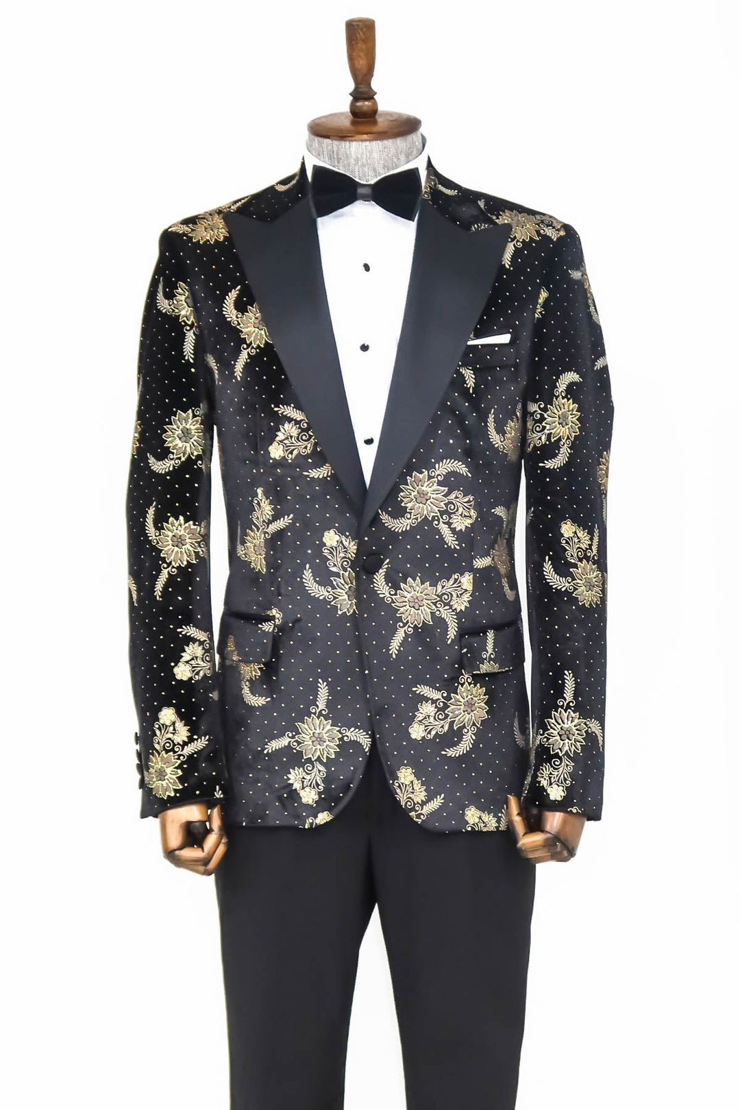 WSS Dot Floral Patterned Velvet Black Men Prom Blazer  - Singen