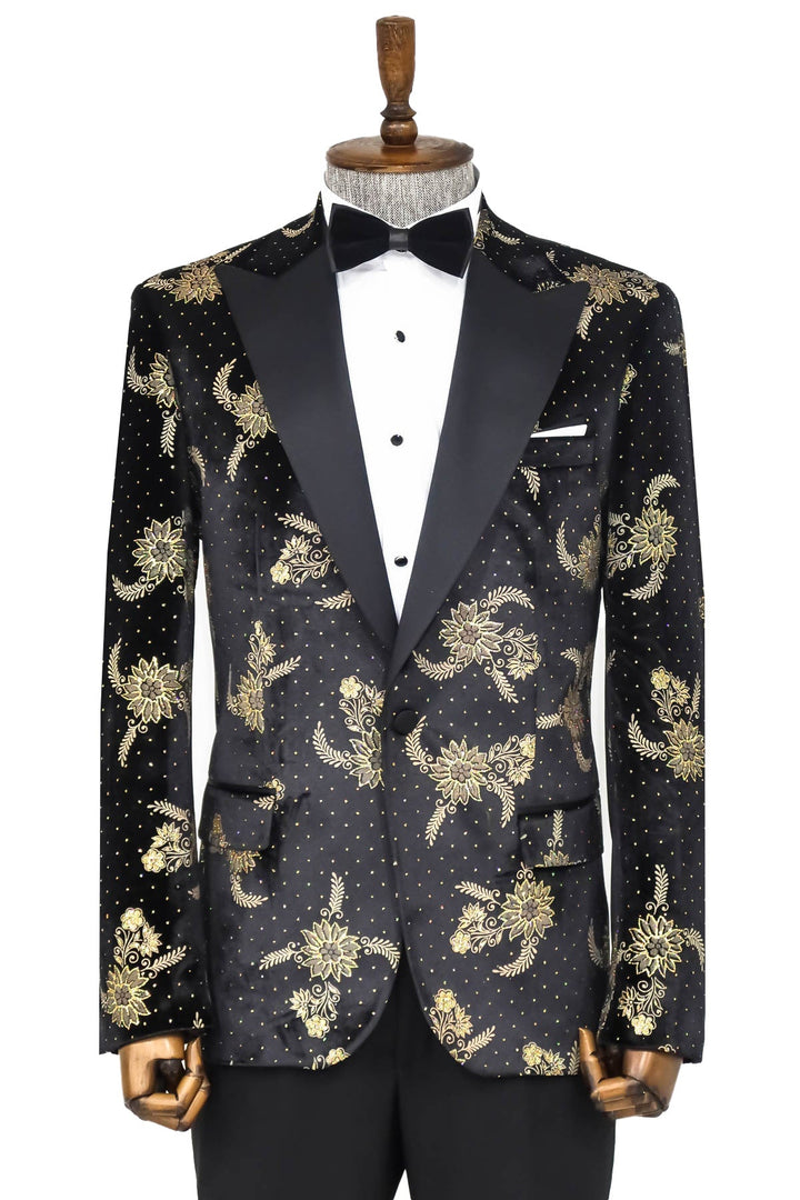 WSS Dot Floral Patterned Velvet Black Men Prom Blazer  - Singen