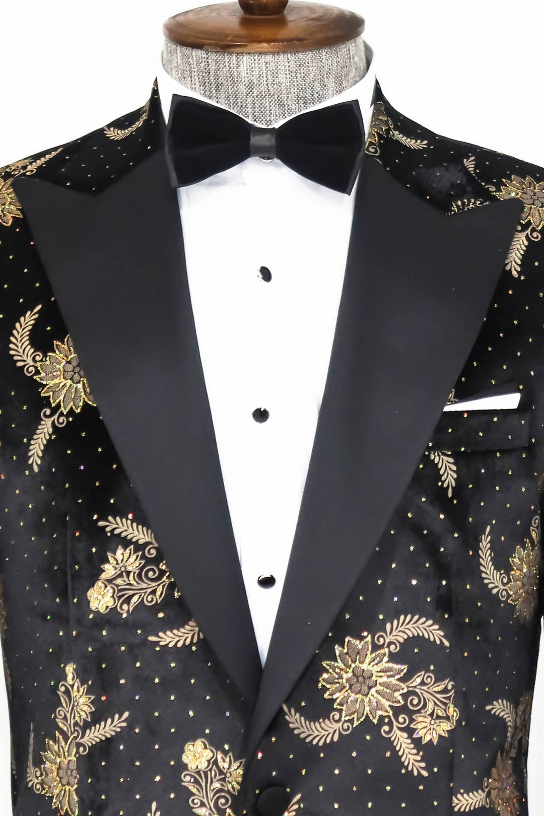 WSS Dot Floral Patterned Velvet Black Men Prom Blazer  - Singen