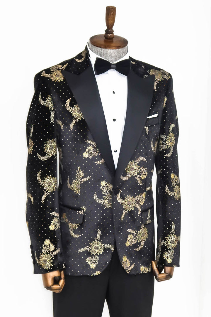 WSS Dot Floral Patterned Velvet Black Men Prom Blazer  - Singen