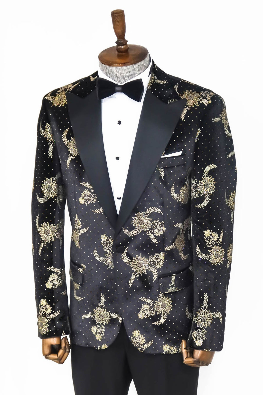 WSS Dot Floral Patterned Velvet Black Men Prom Blazer  - Singen