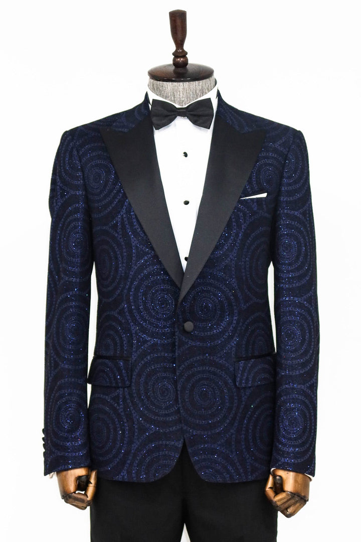 سترة WSS Hypnose Pattern Peak Lapel Slim Fit باللون الأزرق الداكن للرجال - Singen