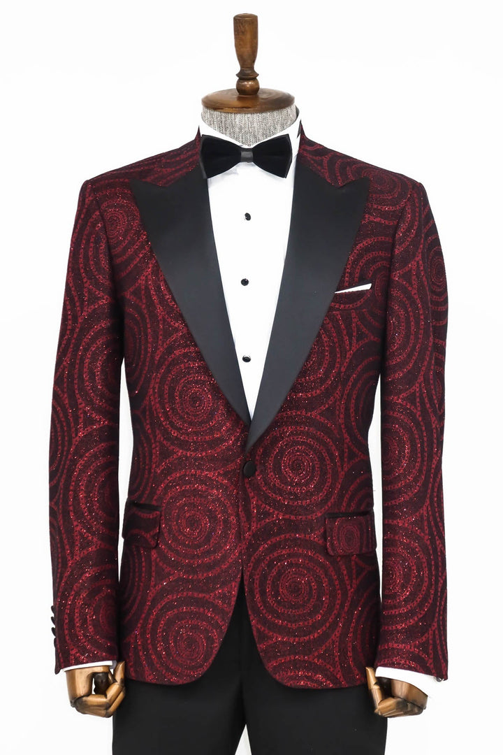 WSS Hypnose Pattern Peak Lapel Slim Fit Burgundy Men Prom Blazer - Singen