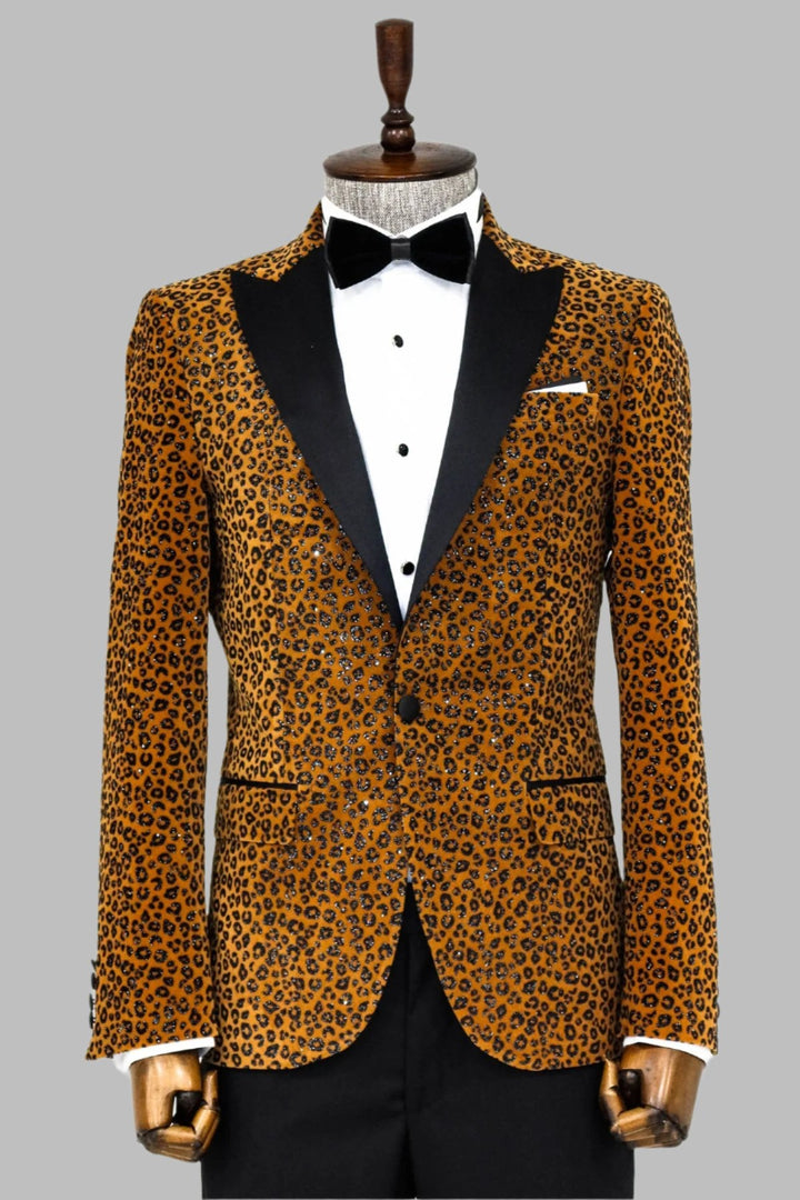 WSS Leopard Pattern Slim Fit Peak Lapel Yellow Men Prom Blazer - Singen