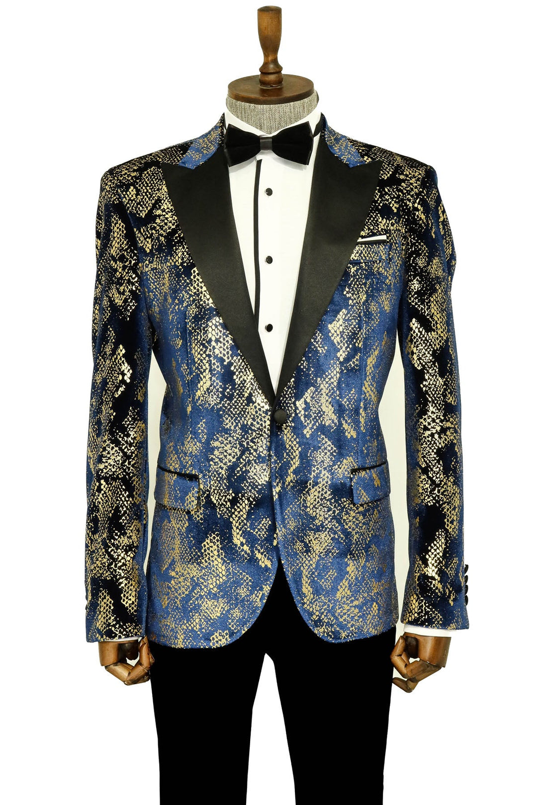 WSS Peak Lapel Slim Fit Gold Patterned Navy Blue Men Prom Blazer - Singen