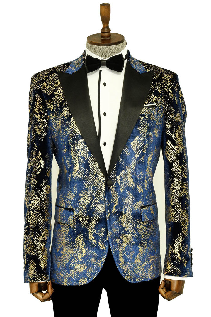 WSS Peak Lapel Slim Fit Gold Patterned Navy Blue Men Prom Blazer - Singen