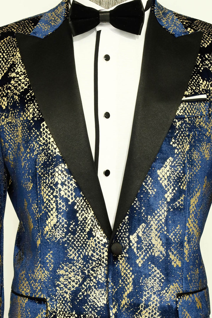 WSS Peak Lapel Slim Fit Gold Patterned Navy Blue Men Prom Blazer - Singen